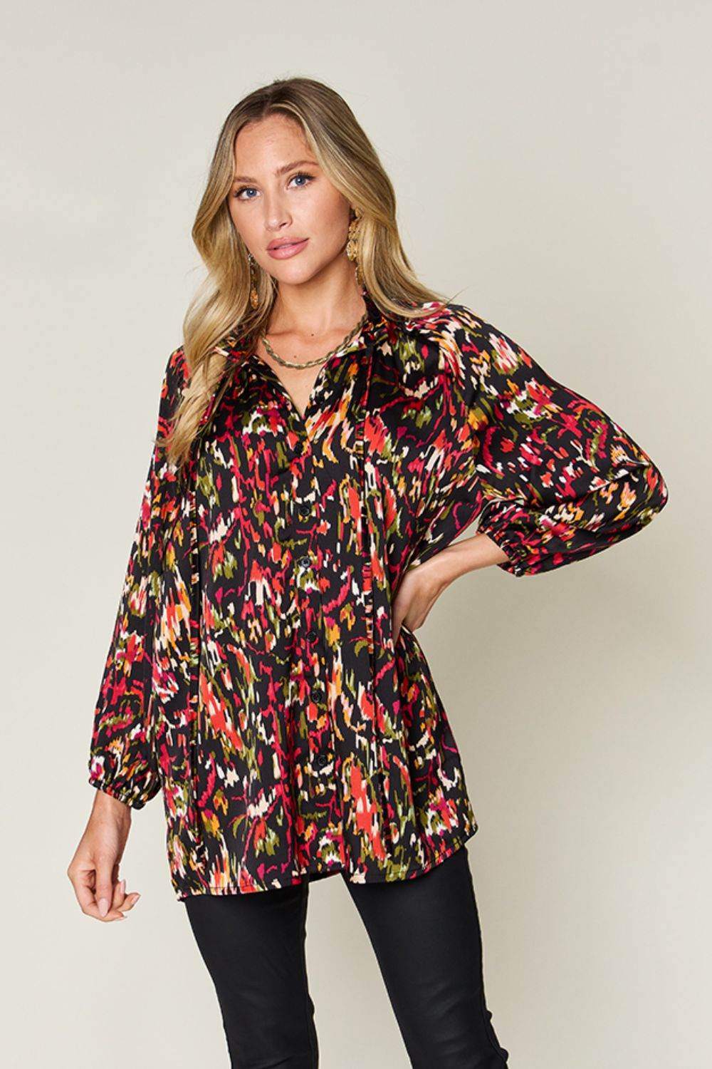 Double Take Full Size Printed Button Up Long Sleeve Shirt - Amexza