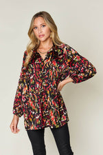 Double Take Full Size Printed Button Up Long Sleeve Shirt - Amexza