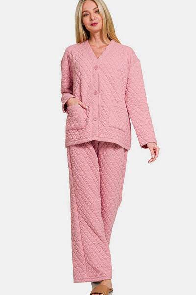 Zenana Quilted Button Up Long Sleeve Top and Pants Lounge Set Dusty Pink for a perfect OOTD – dress to impress outfits from Amexza