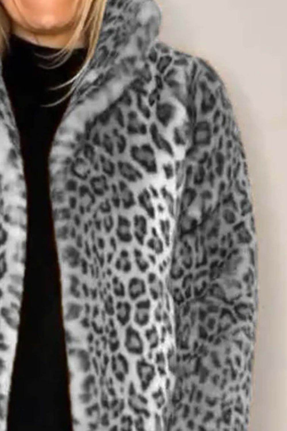 Full Size Leopard Furry Collared Neck Long Sleeve Coat - Amexza