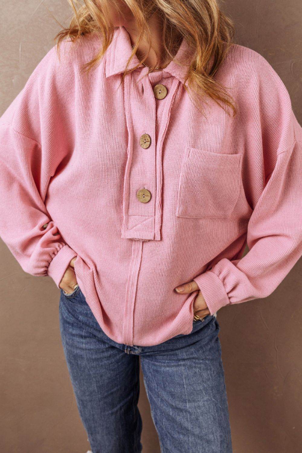 Pocketed Half Button Long Sleeve Sweatshirt Pink for a perfect OOTD – dress to impress outfits from Amexza