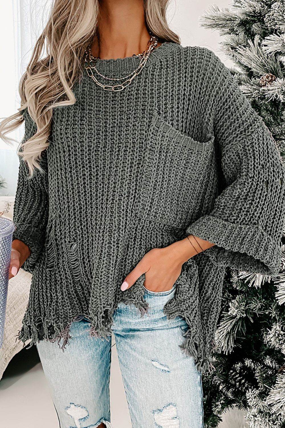 Distressed Round Neck Drop Shoulder Sweater Dark Gray for a perfect OOTD – dress to impress outfits from Amexza