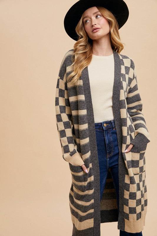 Annie Wear Checkered & Striped Open Front Long Sleeve Cardigan for a perfect OOTD – dress to impress outfits from Amexza