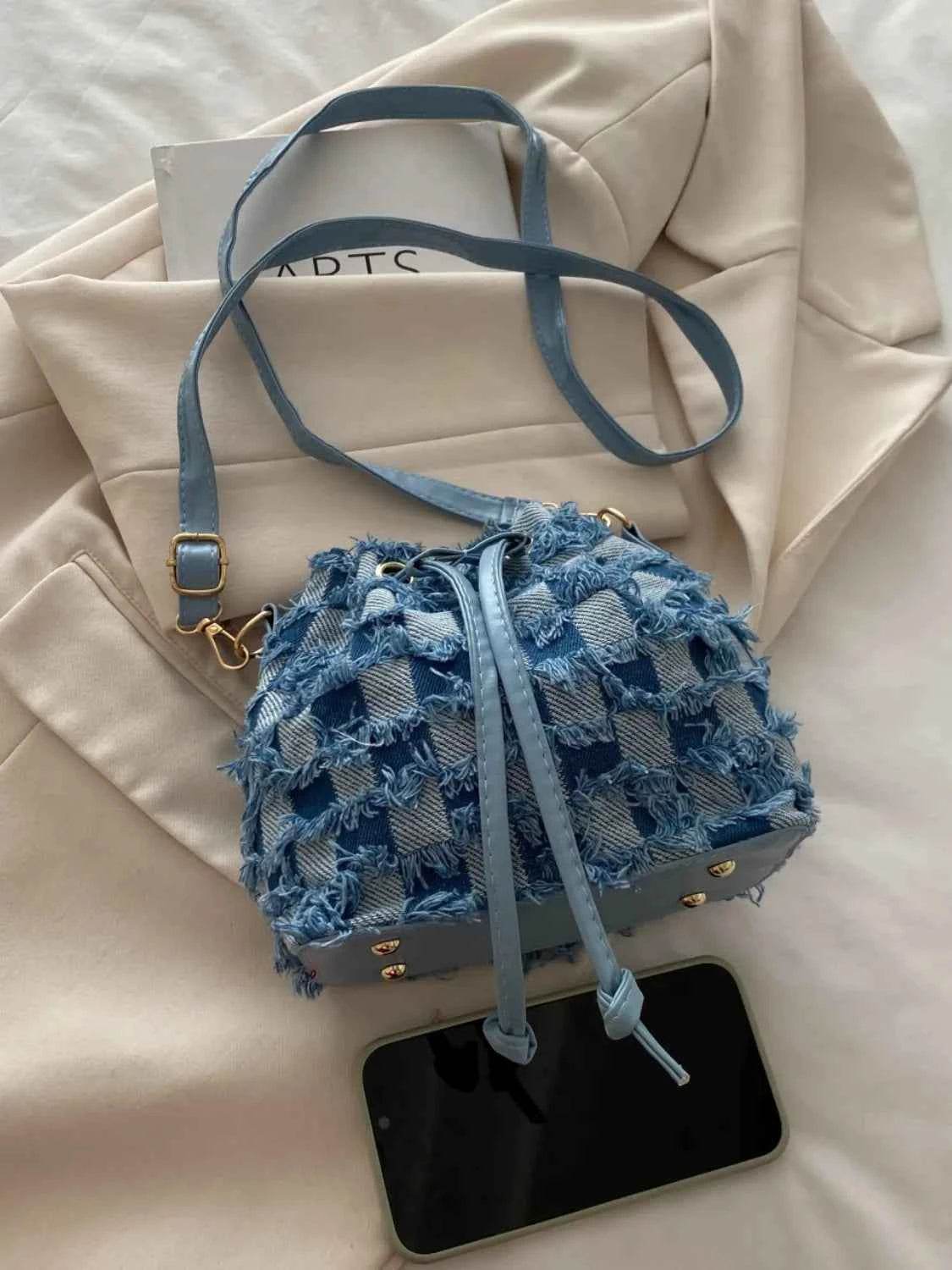 Drawstring Raw Edge Bucket Bag Style B One Size for a perfect OOTD – dress to impress outfits from Amexza