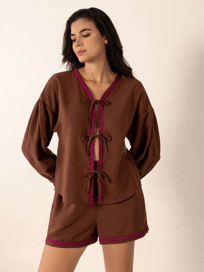 Tied V-Neck Long Sleeve Top and Shorts Set Brown for a perfect OOTD – dress to impress outfits from Amexza