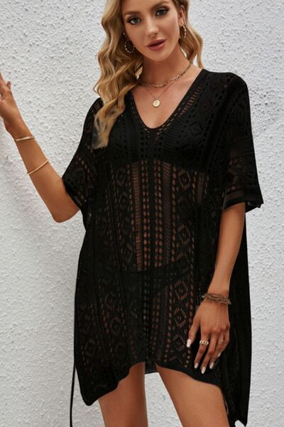 Openwork V-Neck Short Sleeve Cover Up Black One Size for a perfect OOTD – dress to impress outfits from Amexza