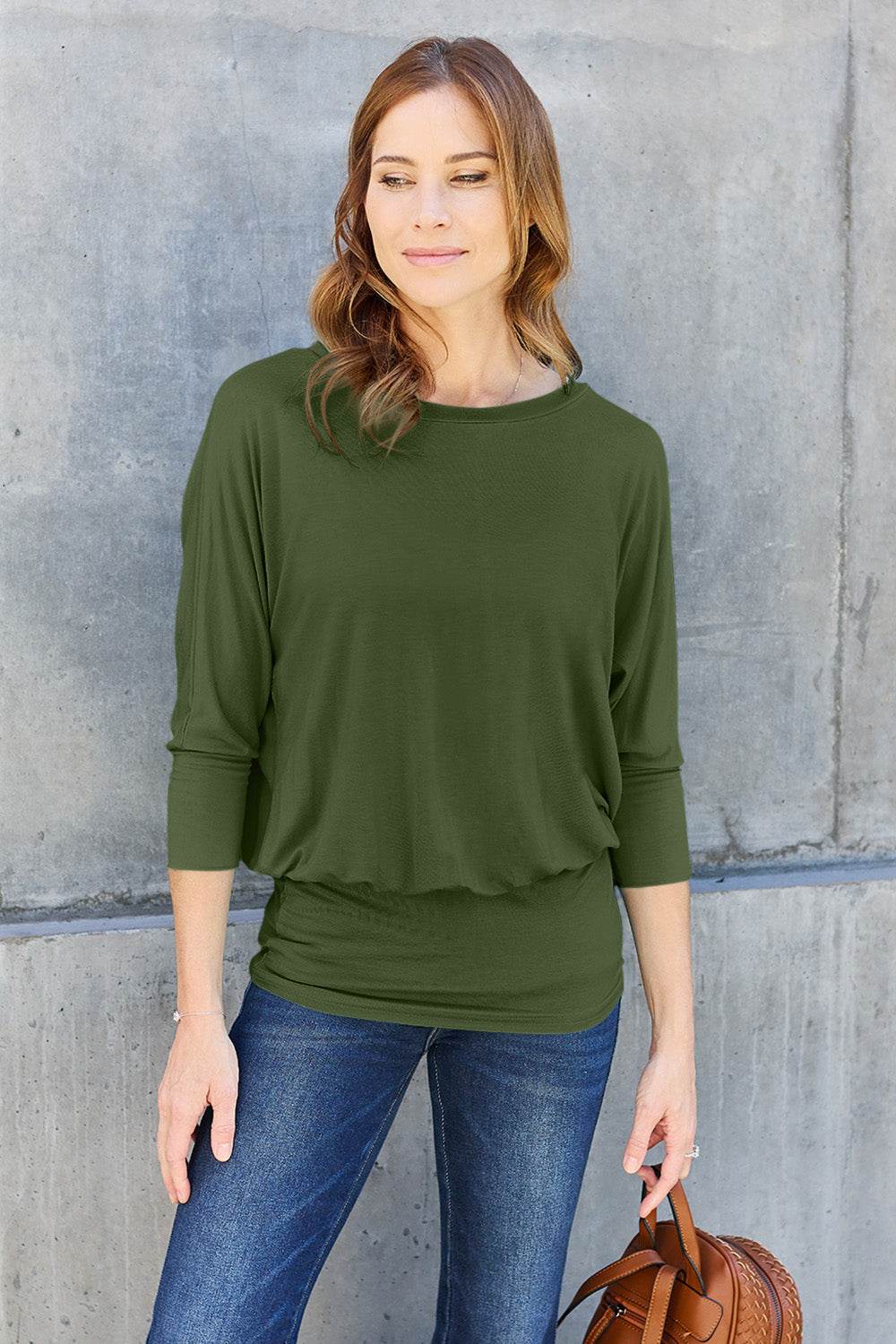 Basic Bae Full Size Round Neck Batwing Sleeve Top Army Green for a perfect OOTD – dress to impress outfits from Amexza