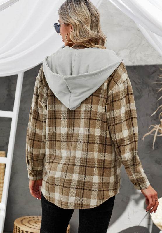 Plaid Button Up Long Sleeve Hooded Jacket for a perfect OOTD – dress to impress outfits from Amexza