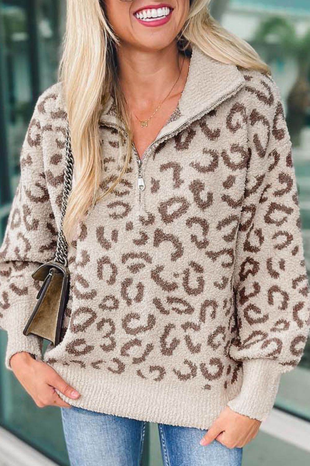 Leopard Half Zip Long Sleeve Sweater for a perfect OOTD – dress to impress outfits from Amexza