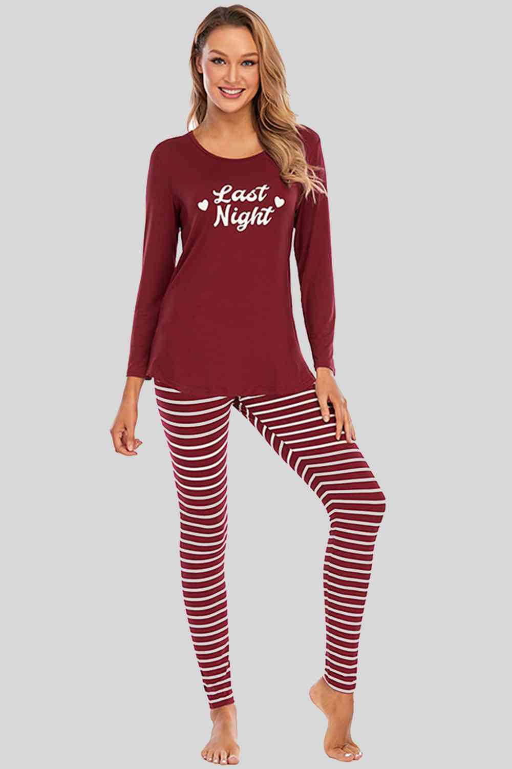 Graphic Round Neck Top and Striped Pants Set Wine for a perfect OOTD – dress to impress outfits from Amexza