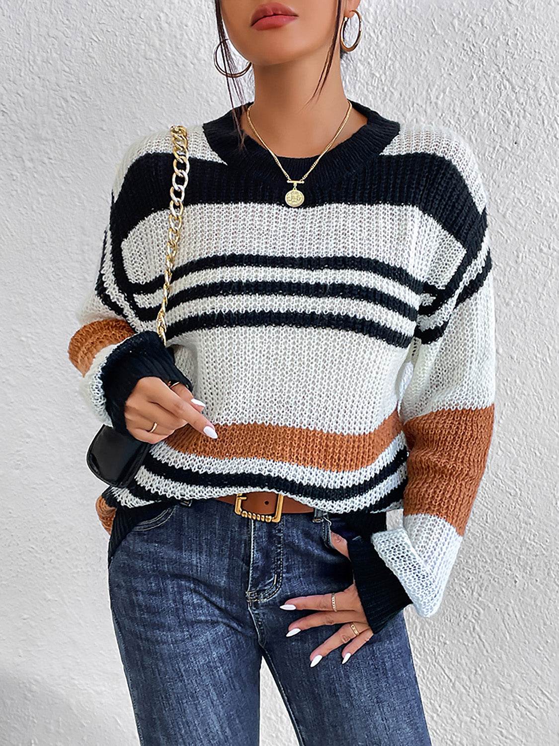 Striped Round Neck Sweater Caramel for a perfect OOTD – dress to impress outfits from Amexza