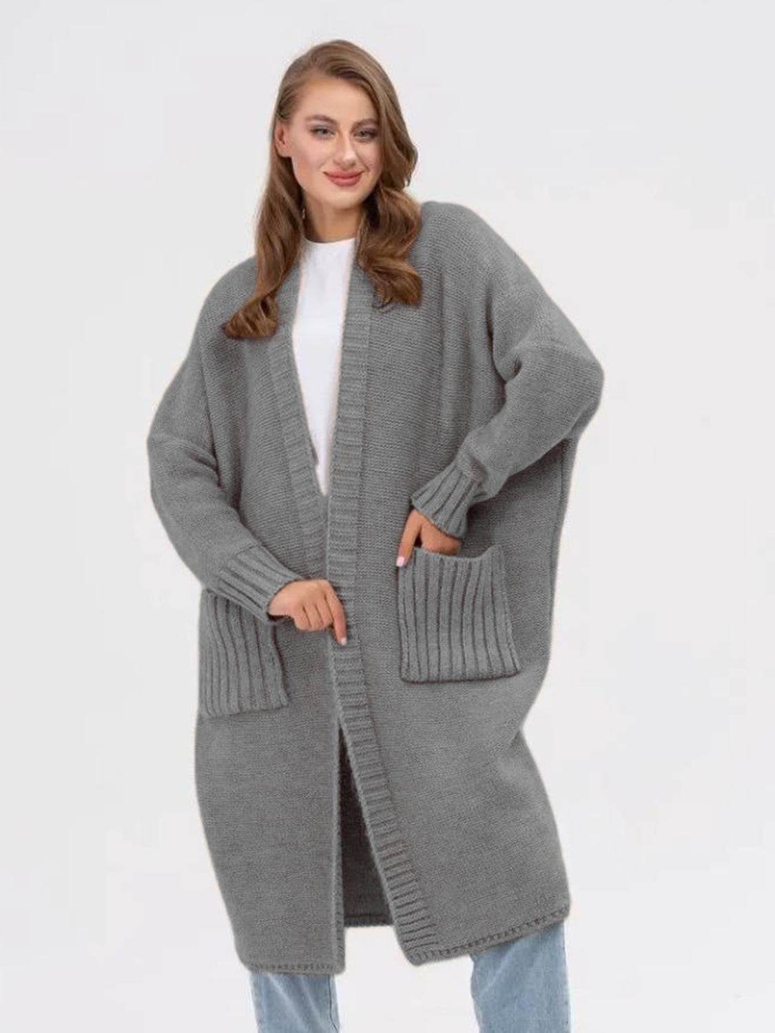 Pocketed Open Front Long Sleeve Longline Cardigan - Amexza