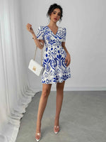 Printed Surplice Short Sleeve Dress