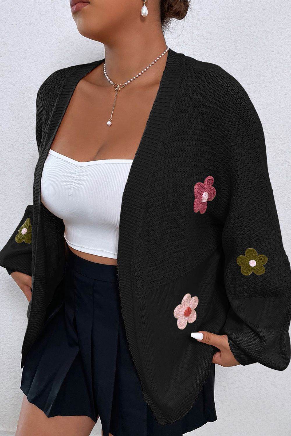 Floral Applique Drop Shoulder Open Front Cardigan - Amexza