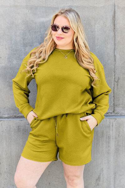 Double Take Full Size Texture Long Sleeve Top and Drawstring Shorts Set for a perfect OOTD – dress to impress outfits from Amexza