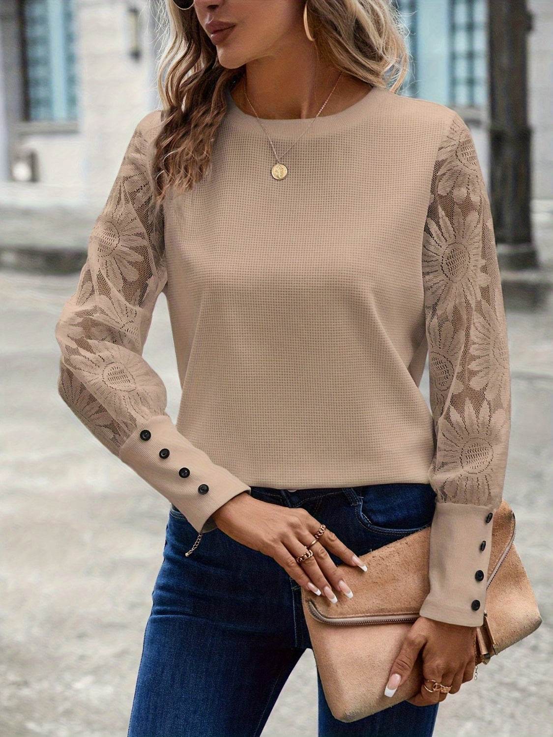 Round Neck Lace Long Sleeve Top Khaki for a perfect OOTD – dress to impress outfits from Amexza