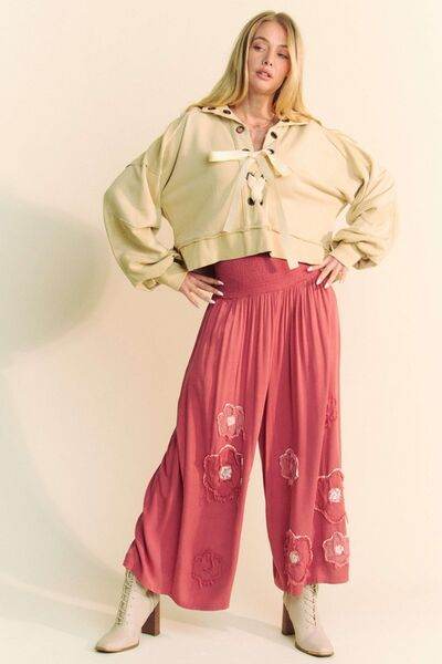 Davi & Dani Smocked Waist Flower Patch Wide Leg Pants - Amexza