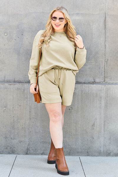 Double Take Full Size Texture Long Sleeve Top and Drawstring Shorts Set for a perfect OOTD – dress to impress outfits from Amexza