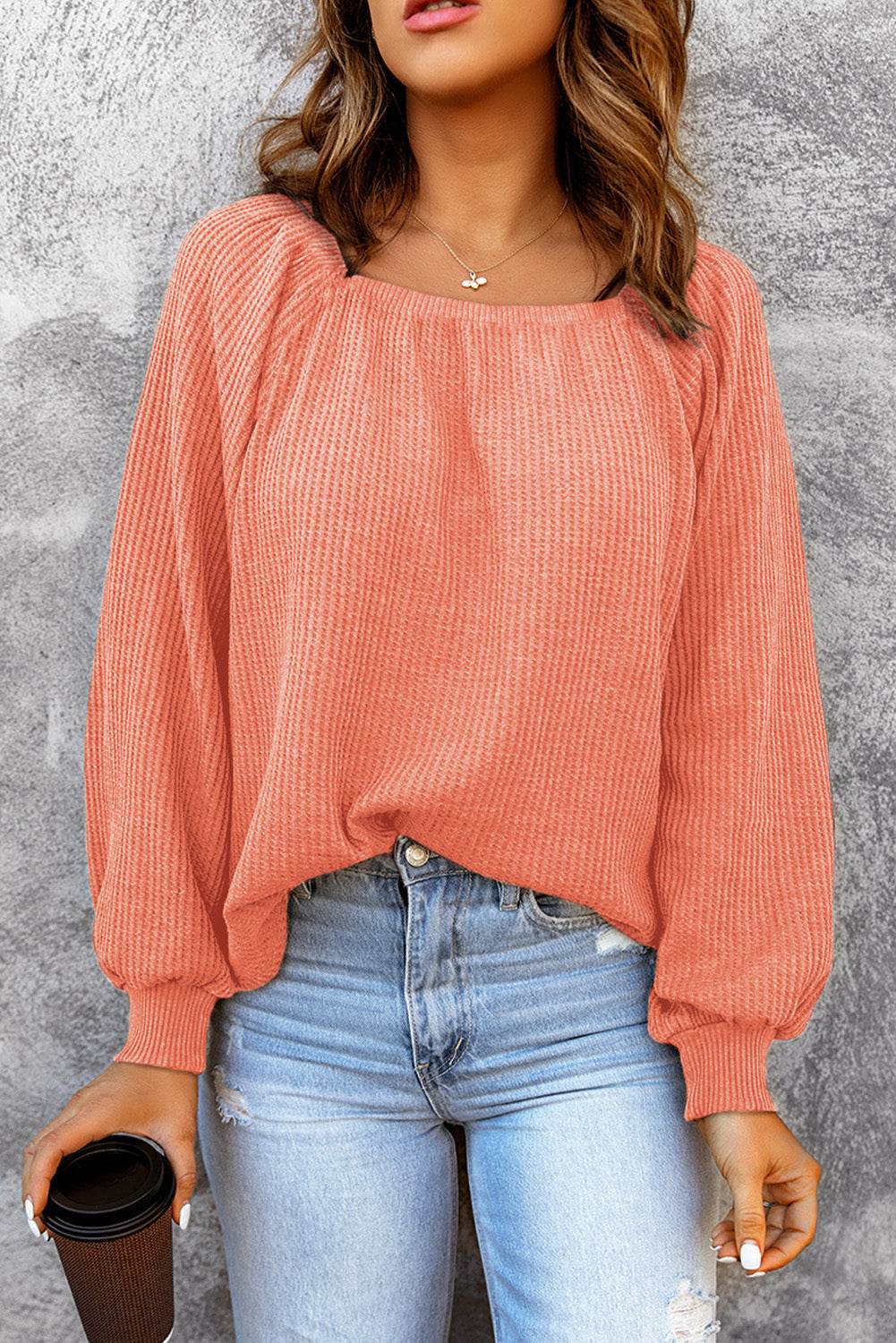 Square Neck Waffle-Knit Top Coral for a perfect OOTD – dress to impress outfits from Amexza