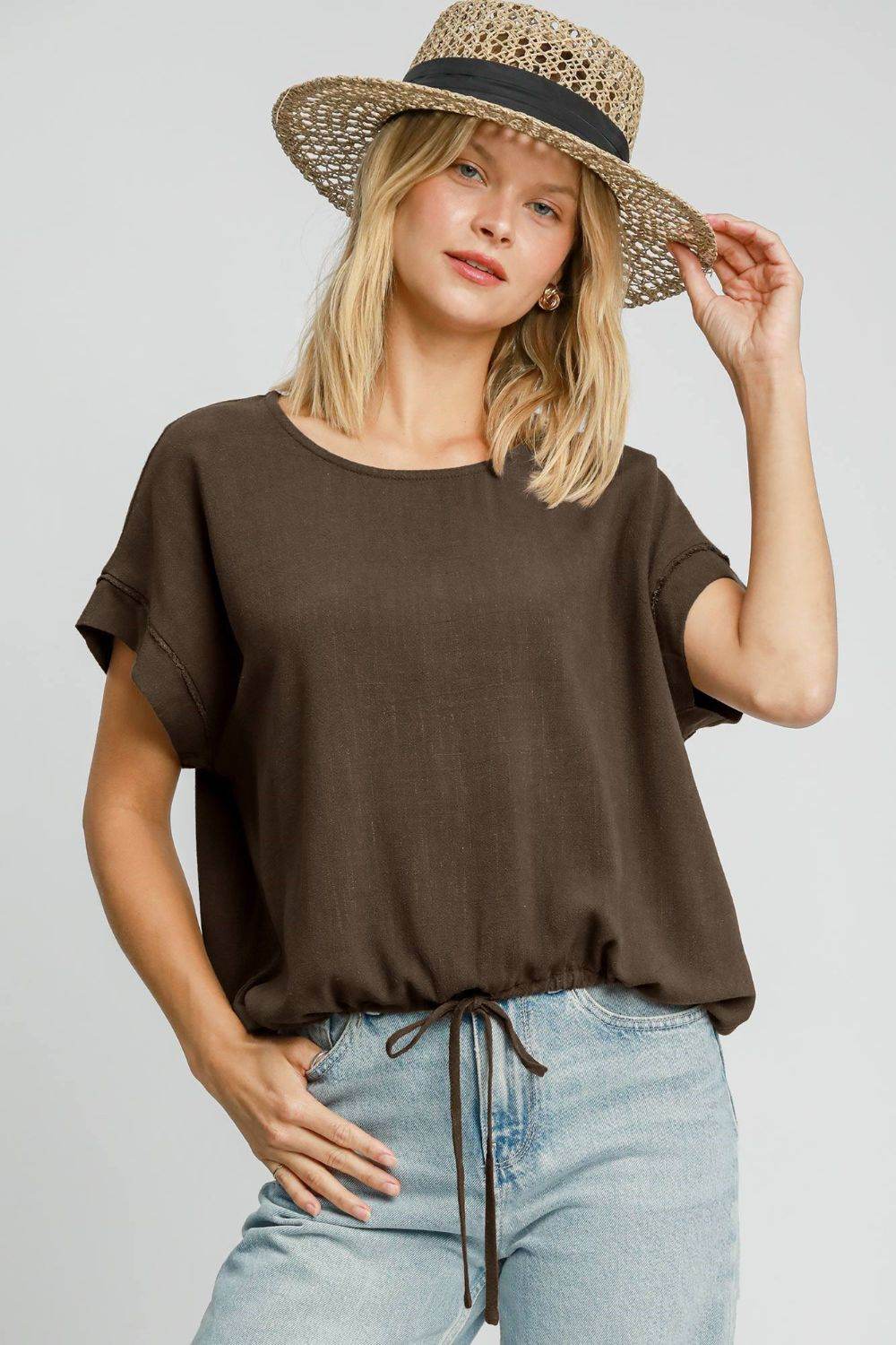 Umgee Drawstring Hem Round Neck Short Sleeve T-Shirt Coffee Brown for a perfect OOTD – dress to impress outfits from Amexza