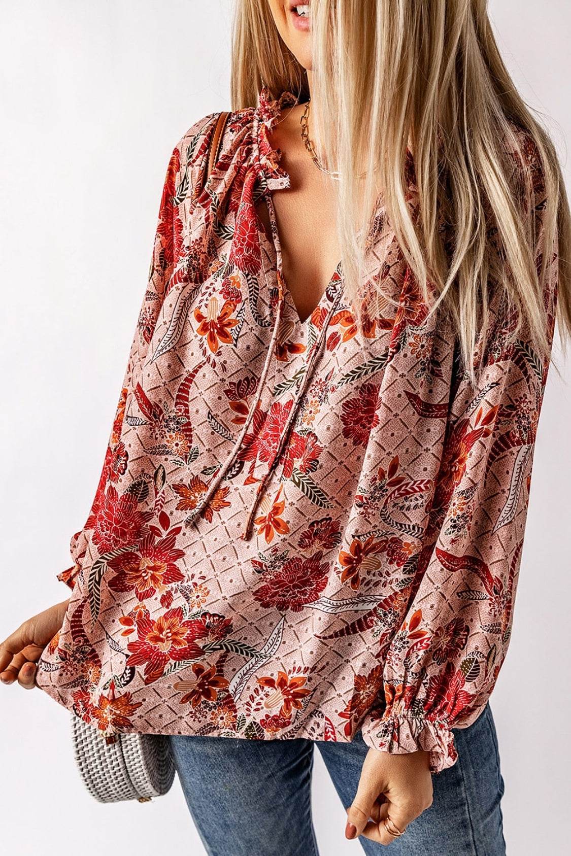 Floral Tie Neck Flounce Sleeve Blouse for a perfect OOTD – dress to impress outfits from Amexza