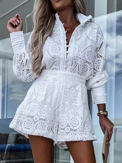 Lace Button Detail Long Sleeve Top and Shorts Set - Amexza