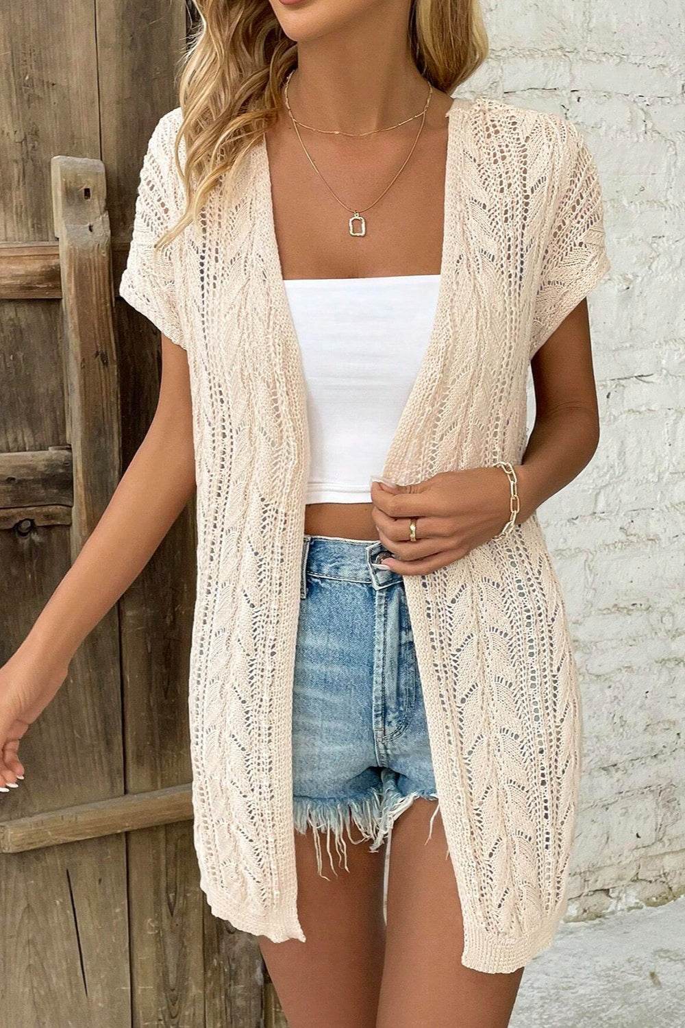 Openwork Open Front Short Sleeve Cardigan for a perfect OOTD – dress to impress outfits from Amexza