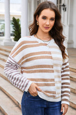 Striped Round Neck Dropped Shoulder Sweater for a perfect OOTD – dress to impress outfits from Amexza