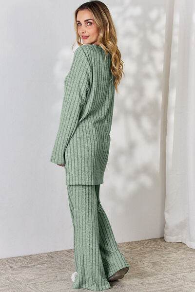 Basic Bae Full Size Ribbed High-Low Top and Wide Leg Pants Set for a perfect OOTD – dress to impress outfits from Amexza