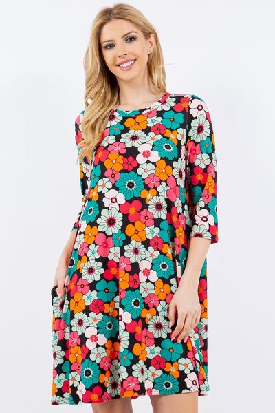 Celeste Full Size Floral Three-Quarter Sleeve Dress with Pockets Black Floral for a perfect OOTD – dress to impress outfits from Amexza