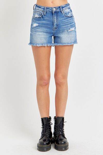 RISEN Full Size High Rise Distressed Raw Hem Denim Shorts for a perfect OOTD – dress to impress outfits from Amexza