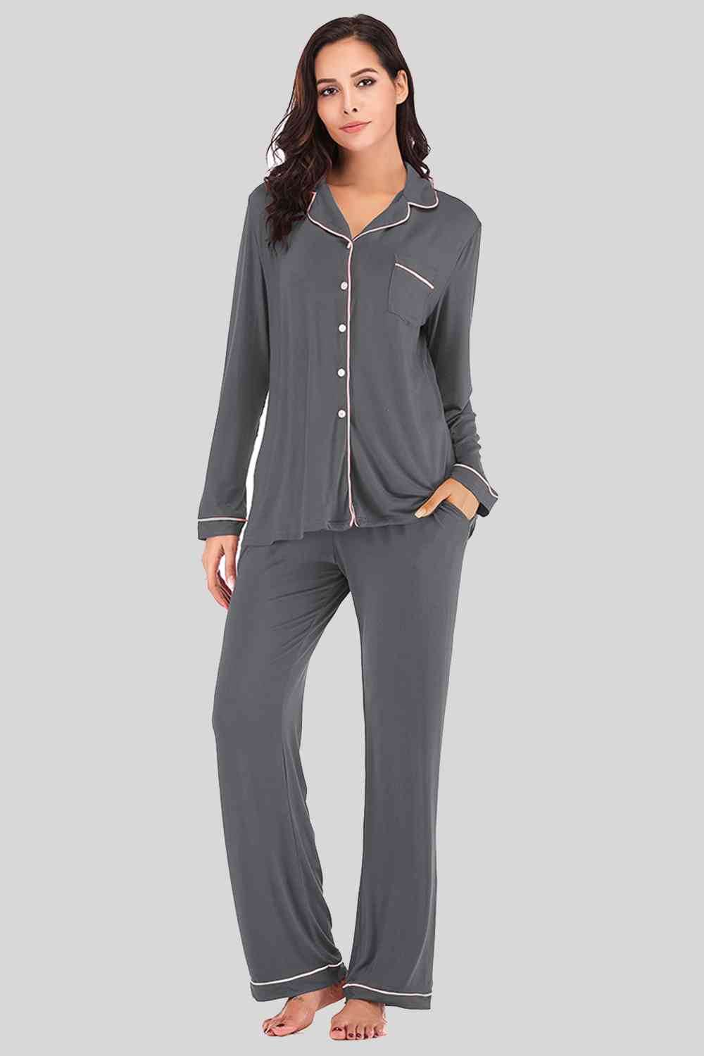 Collared Neck Long Sleeve Loungewear Set with Pockets Charcoal for a perfect OOTD – dress to impress outfits from Amexza