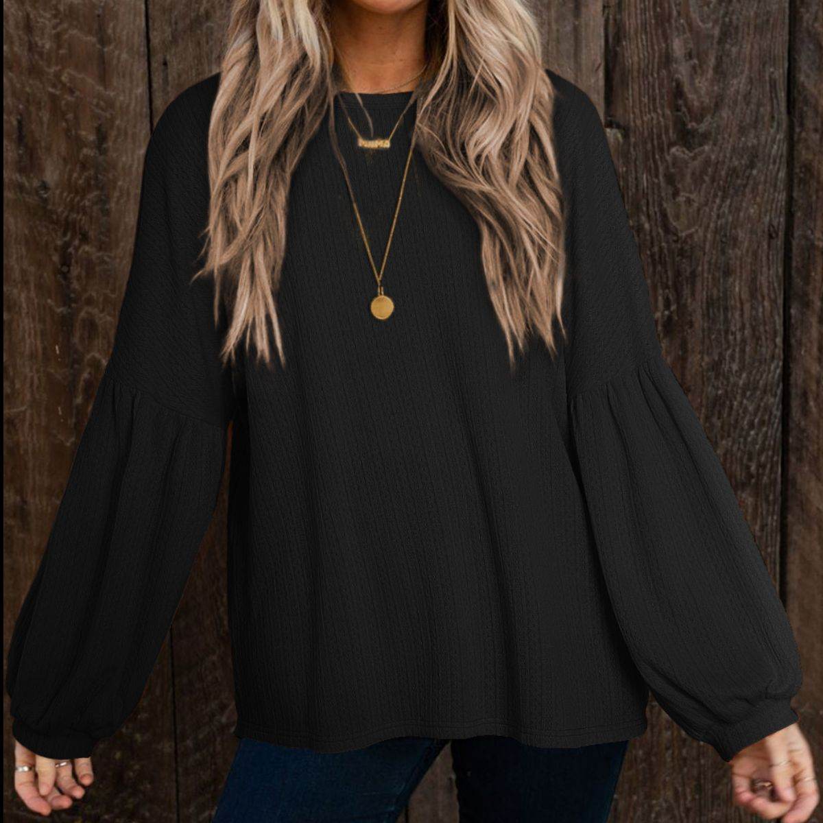 Round Neck Long Sleeve Ruched Blouse Black for a perfect OOTD – dress to impress outfits from Amexza