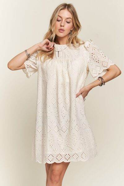 ADORA Ruffled Eyelet Round Neck Dress for a perfect OOTD – dress to impress outfits from Amexza