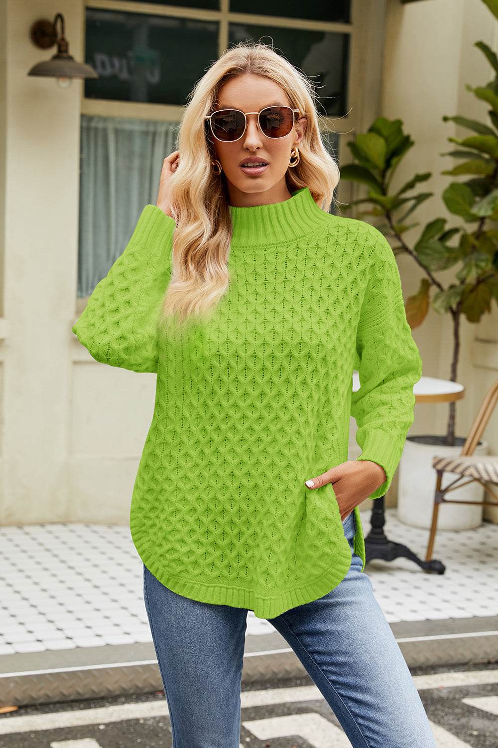 Slit Long Sleeve Mock Neck Sweater Mid Green for a perfect OOTD – dress to impress outfits from Amexza