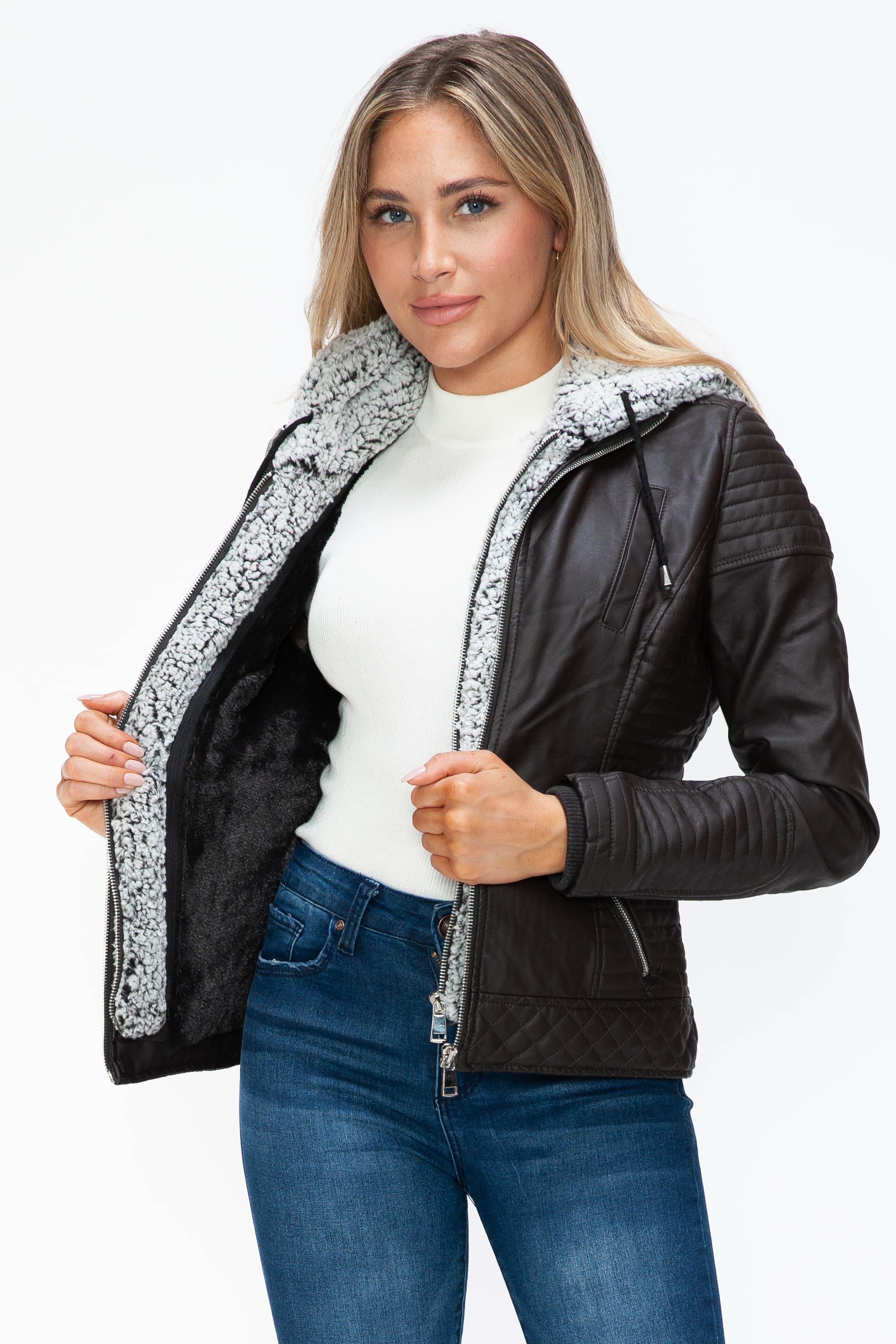 YMI Faux Layered Double-Zipper Jacket with Fuzzy Hood for a perfect OOTD – dress to impress outfits from Amexza