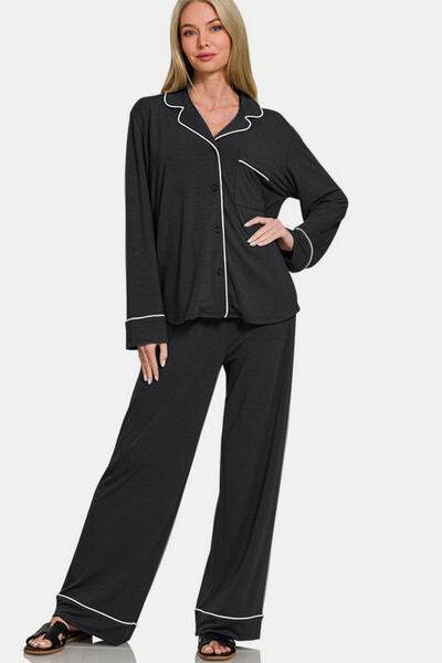 Zenana Button Down Long Sleeve Top and Pants Lounge Set for a perfect OOTD – dress to impress outfits from Amexza