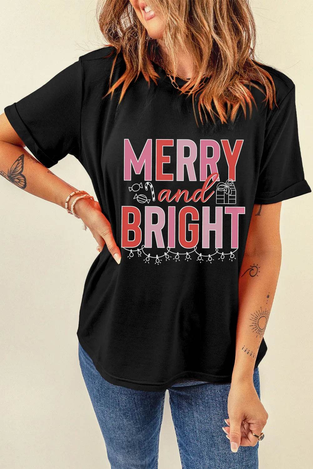 MERRY AND BRIGHT Round Neck Short Sleeve T-Shirt - Amexza