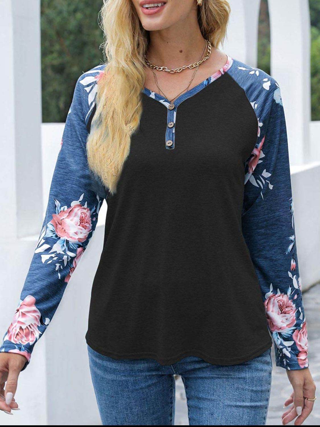 V-Neck Floral Long Sleeve T-Shirt Black for a perfect OOTD – dress to impress outfits from Amexza