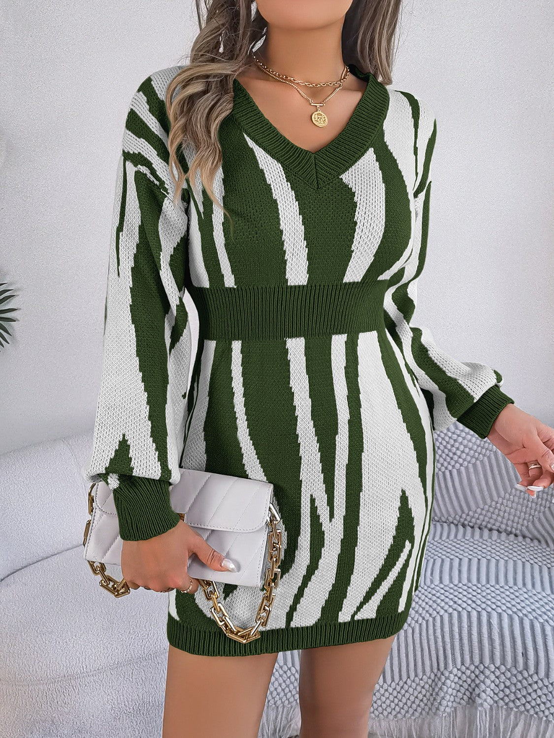 Animal Print V-Neck Long Sleeve Sweater Dress for a perfect OOTD – dress to impress outfits from Amexza