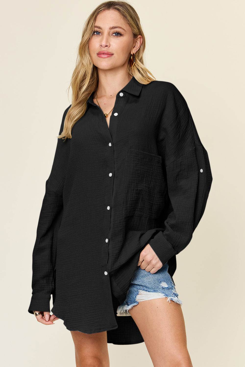 Double Take Full Size Pocketed Texture Button Up Shirt for a perfect OOTD – dress to impress outfits from Amexza