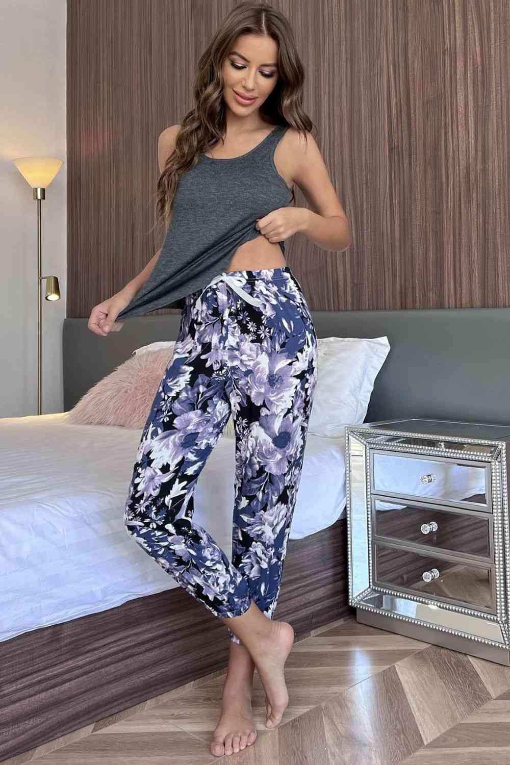 Scoop Neck Tank and Floral Cropped Pants Lounge Set Grey for a perfect OOTD – dress to impress outfits from Amexza