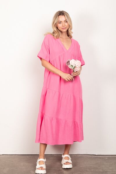 VERY J Soft Crinkle Gauze Short Sleeve Midi Dress PINK for a perfect OOTD – dress to impress outfits from Amexza