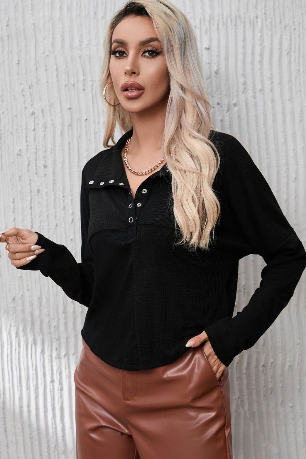 Ribbed Knit Henry Collar Loose Fitting Long Sleeve Top - Amexza