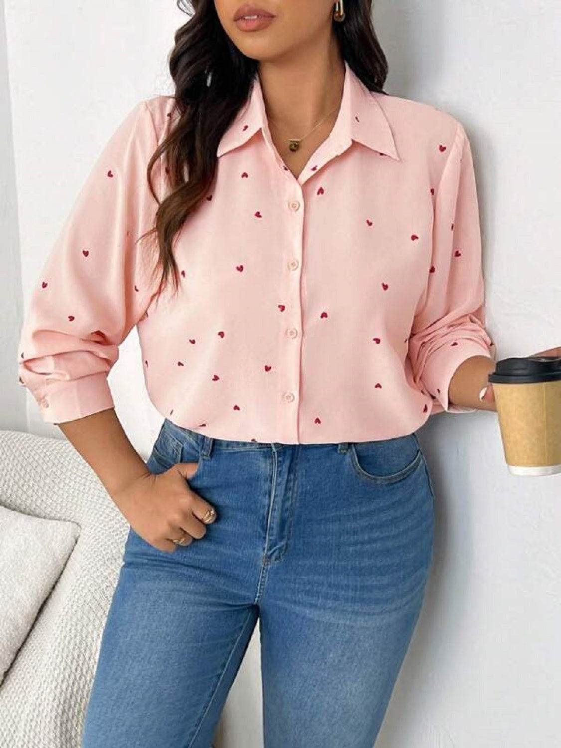 Heart Collared Neck Long Sleeve Shirt Watermelon pink for a perfect OOTD – dress to impress outfits from Amexza