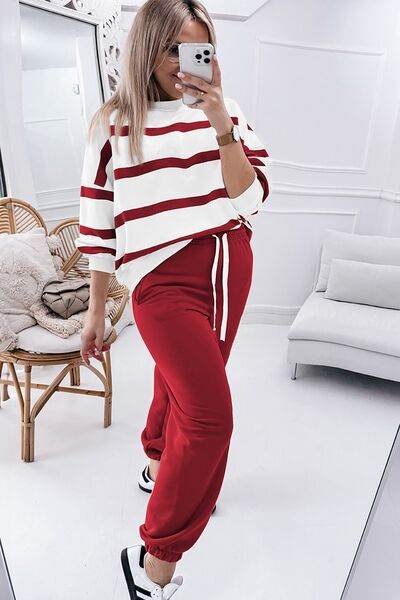 Striped Round Neck Long Sleeve Top and Pants Set for a perfect OOTD – dress to impress outfits from Amexza