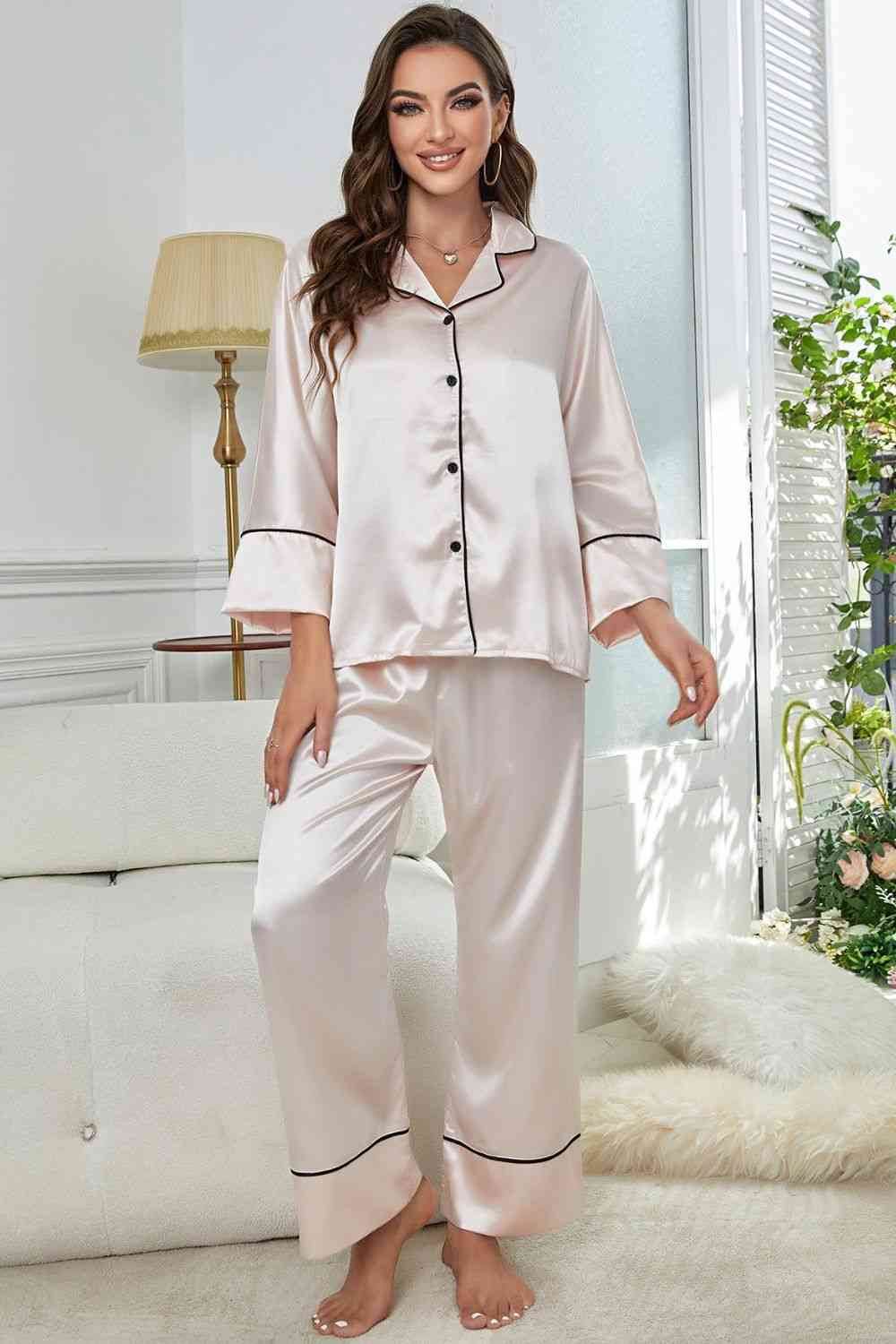 Contrast Piping Button-Up Top and Pants Pajama Set Beige for a perfect OOTD – dress to impress outfits from Amexza