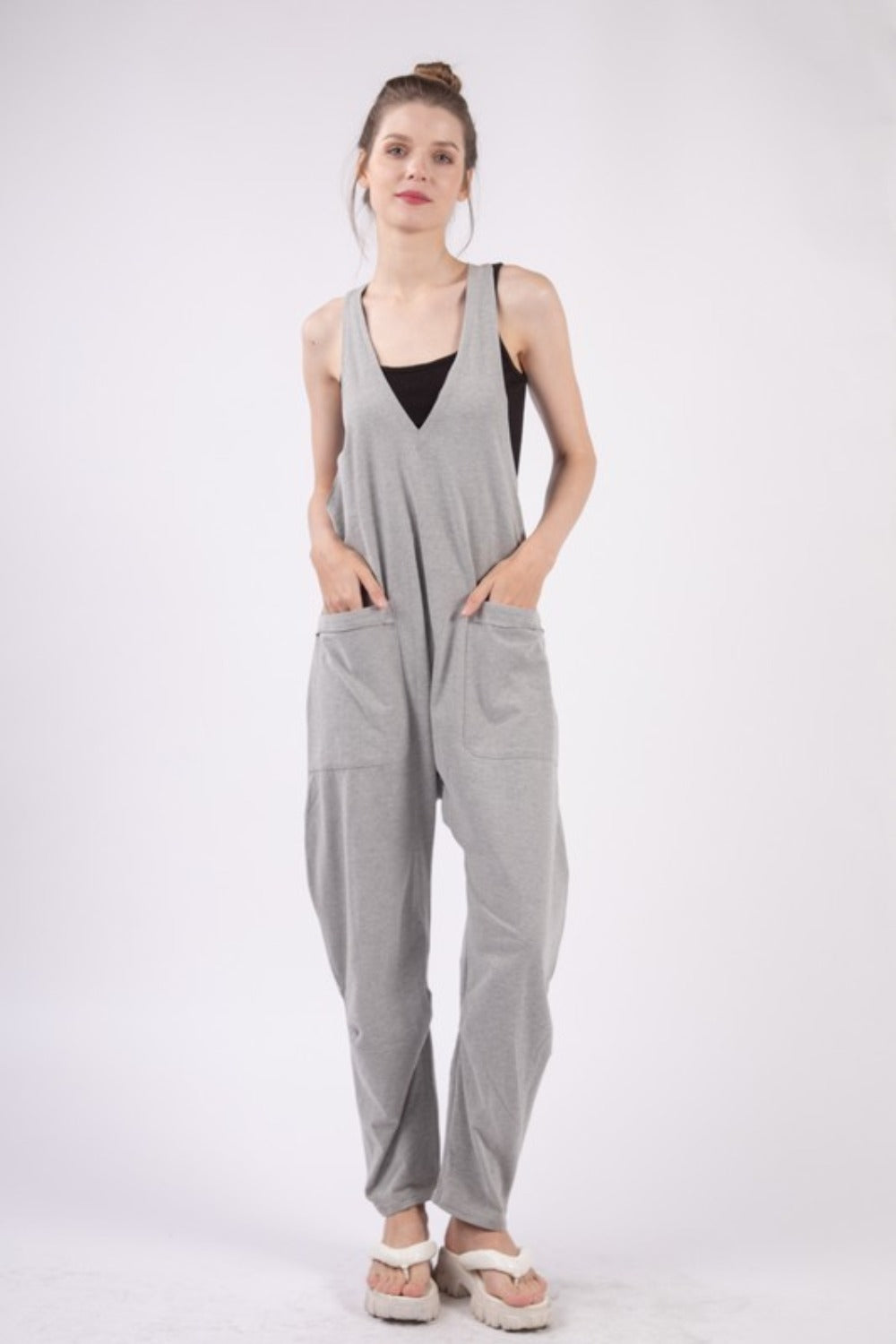 VERY J Plunge Sleeveless Jumpsuit with Pockets - Amexza