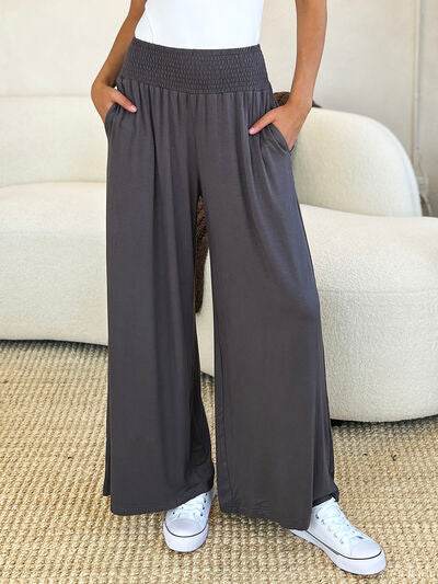 Basic Bae Full Size Smocked Wide Waistband Wide Leg Pants for a perfect OOTD – dress to impress outfits from Amexza