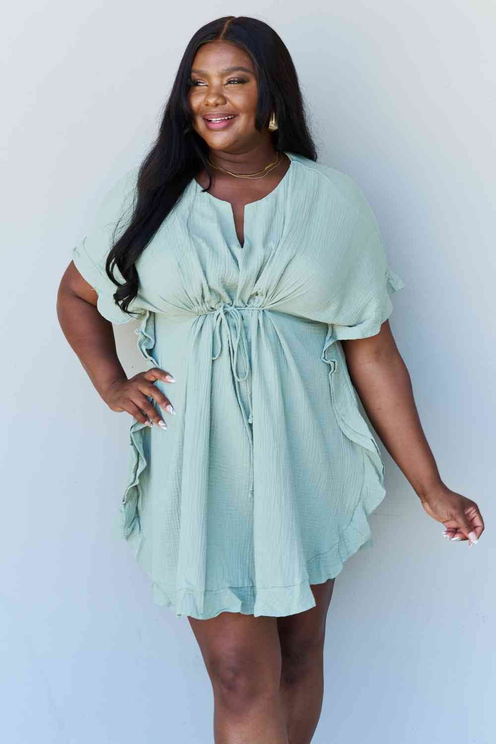 Ninexis Out Of Time Full Size Ruffle Hem Dress with Drawstring Waistband in Light Sage Light Sage for a perfect OOTD – dress to impress outfits from Amexza